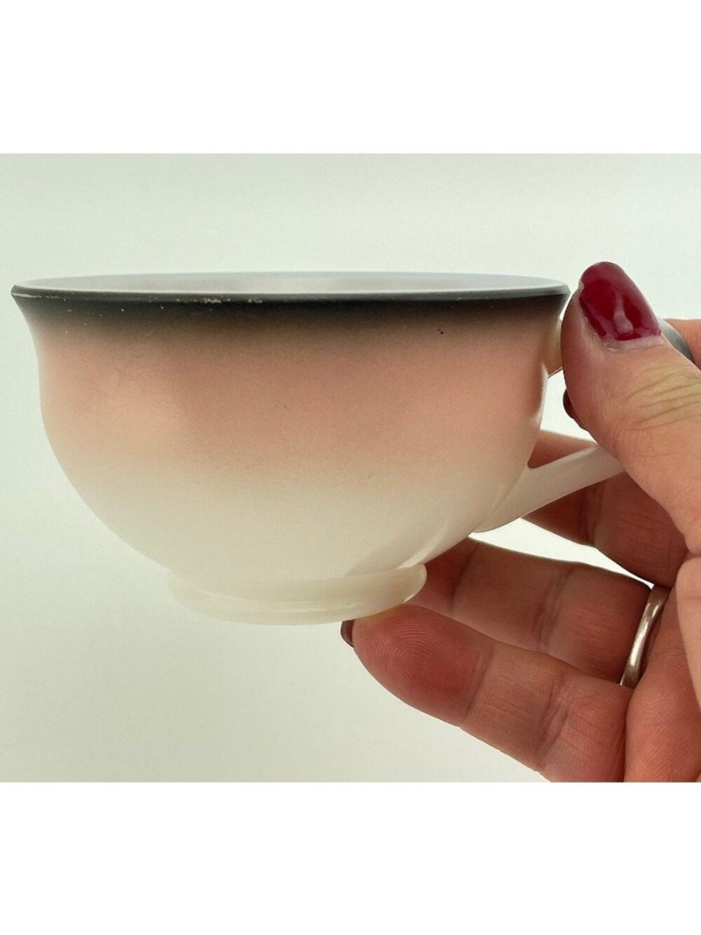 Vintage 1950s Hazel Atlas cup, Ovid pattern, pink and black milk glass teacup